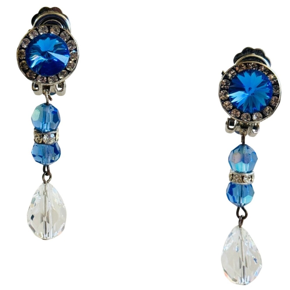 VTG Blue Rivoli Earrings Austrian Crystal rhinestone clip Dangle Disco Retro 70s